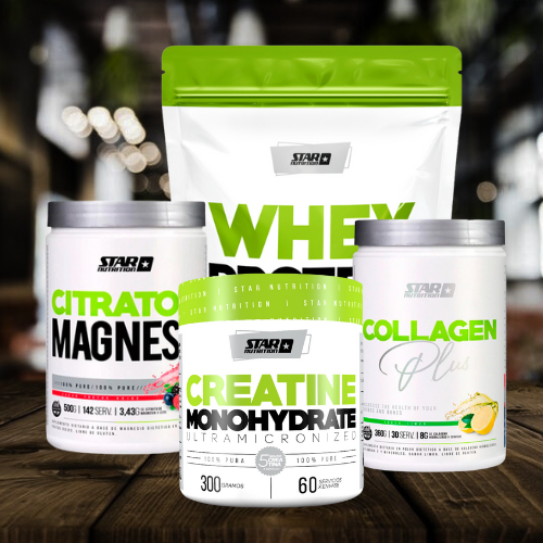 COMBO SPORT STAR NUTRITION - Whey Protein Star Nutrition 1kg + Citrato Magnesio Star Nutrition + Creatina 300g Star Nutrititon + Colageno Plus Star Nutrition