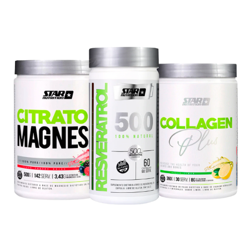 COMBO BIENESTAR Y ANTIENVEJECIMIENTO STAR NUTRITION - Citrato Magnesio Star Nutrition + Resveratrol Star Nutrition + Collagen Star Nutrition
