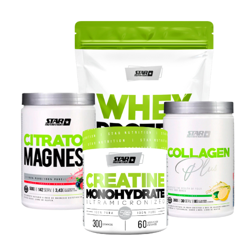 COMBO SPORT STAR NUTRITION - Whey Protein Star Nutrition 1kg + Citrato Magnesio Star Nutrition + Creatina 300g Star Nutrititon + Colageno Plus Star Nutrition